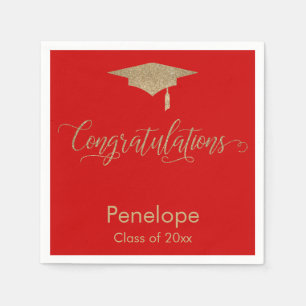 Congratulations Gold Glitter Graduation Cap, Red Napkin