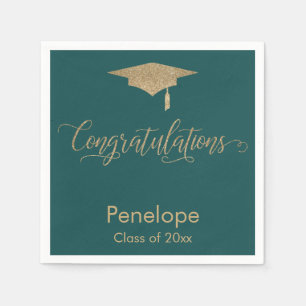 Congratulations Gold Glitter Graduation Cap Teal Napkin