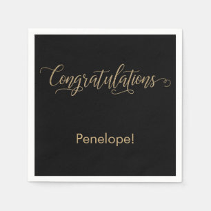 Congratulations Gold Glitter Typography on Black Napkin