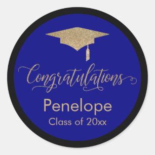 Congratulations Gold Graduation Cap Blue Classic Round Sticker