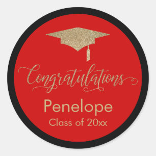 Congratulations Gold Graduation Cap Red Classic Round Sticker