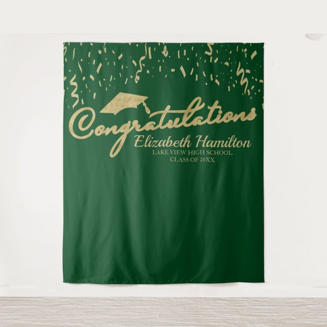 Congratulations Gold Green Graduation Backdrop Tapestry (Front)