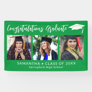 Congratulations Grad Cap Green 3 Photo Graduation Banner