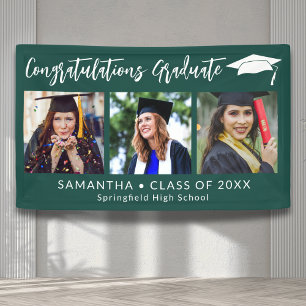 Congratulations Grad Cap Green 3 Photo Graduation Banner