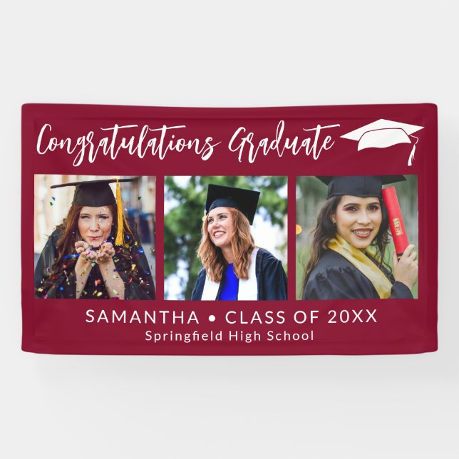 Congratulations Grad Cap Maroon 3 Photo Graduation Banner (Horizontal)