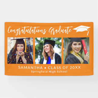 Congratulations Grad Cap Orange 3 Photo Graduation Banner