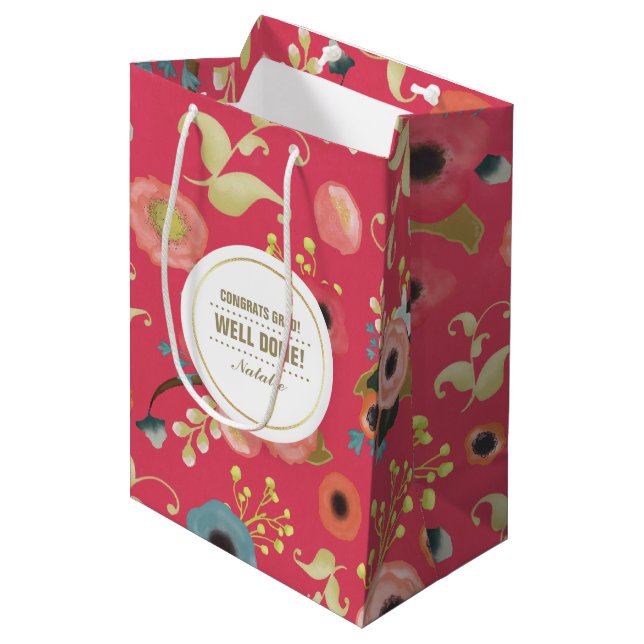 Congratulations Grad. Modern Floral Pattern Medium Gift Bag (Front Angled)