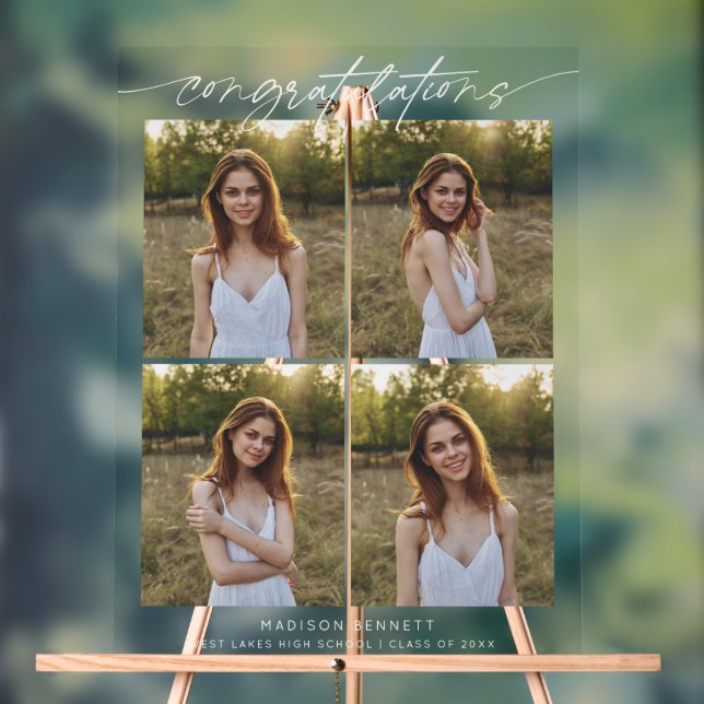 Congratulations Grad Party Script 4 Photo Collage Acrylic Sign (Neutral)