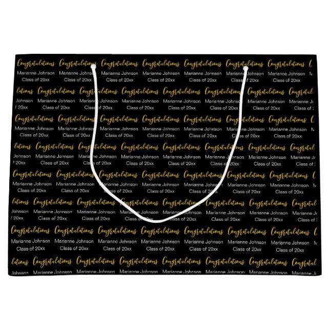Congratulations Grad's Name Black White Gold  Large Gift Bag (Front)