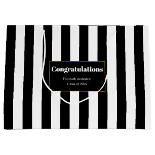Congratulations Grad's Name Black White Stripes Large Gift Bag
