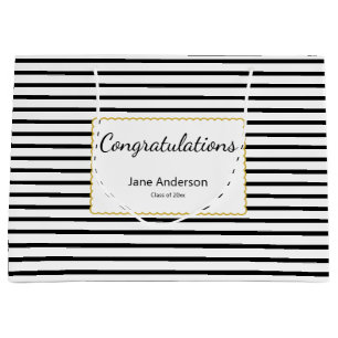 Congratulations Grad's Name Black & White Stripes Large Gift Bag