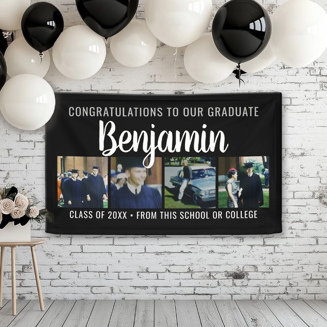 Congratulations Graduate 4 Photo Script Name Party Banner (Custom Graduation Banner for a Grad Party or Open House)