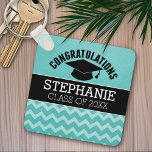 Congratulations Graduate - Aqua Black Graduation Key Ring<br><div class="desc">A traditional graduation cap with a fun pattern and place to add the graduate name. Add any year to personalise this whimsical design. This can be used for any graduate - high school,  college,  grad school,  med school or even trade school.</div>