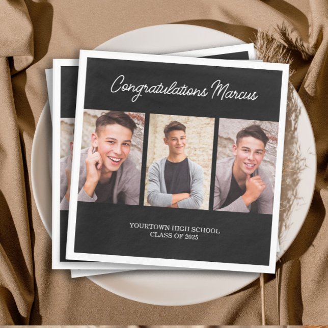 Congratulations Graduate Black 3 Photo Party Napkin (3-photo black and white graduation paper napkins.)