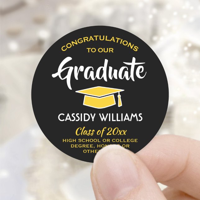 Congratulations Graduate Black and Gold Graduation Classic Round Sticker (Creator Uploaded)