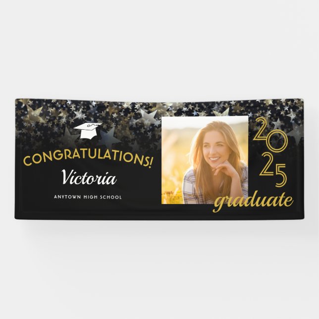 Congratulations Graduate Black and Gold Photo Banner (Horizontal)