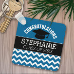Congratulations Graduate - Blue Black Graduation Key Ring<br><div class="desc">A traditional graduation cap and congratulations to the graduate name. Add any year to personalise this whimsical design. This can be used for any graduate - high school,  college,  grad school,  med school or even trade school.</div>