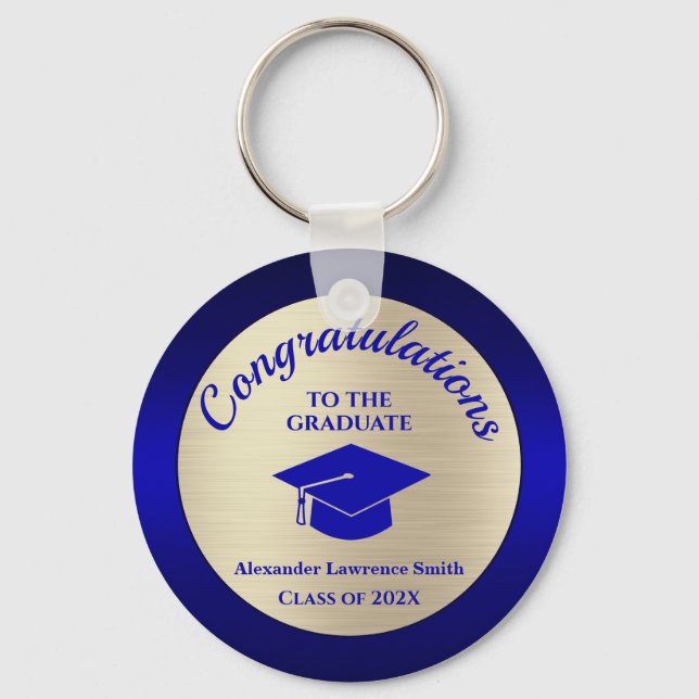 Congratulations Graduate Class of 2024 Blue Gold Key Ring (Front)