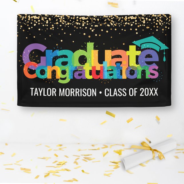 Congratulations Graduate Fun Colorful Gold Glitter Banner (Creator Uploaded)
