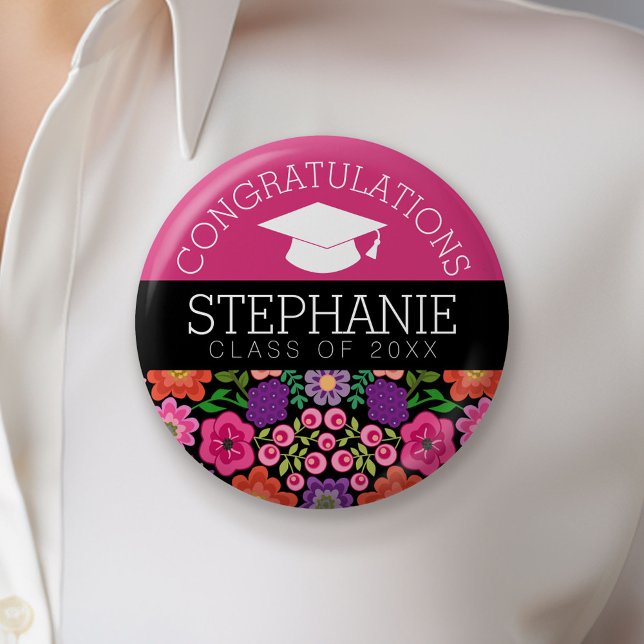 Congratulations Graduate Girly Flowers Graduation 6 Cm Round Badge (Custom Button)