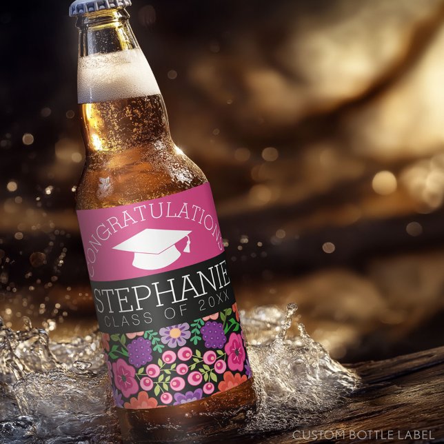 Congratulations Graduate Girly Flowers Graduation Beer Bottle Label (Custom Beer Bottle Label with a Graduation Design)