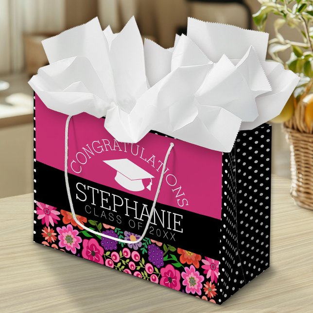Congratulations Graduate Girly Flowers Graduation Large Gift Bag (Custom Graduation Bag)
