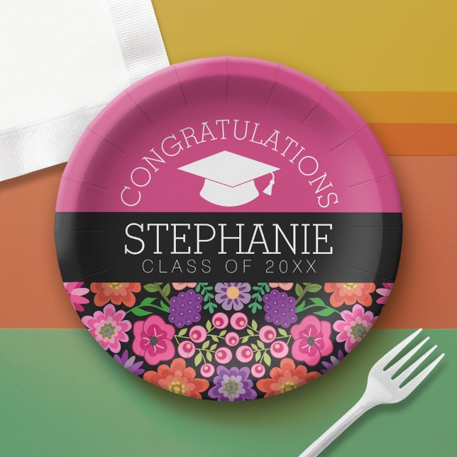 Congratulations Graduate Girly Flowers Graduation Paper Plate (Custom Graduation Paper Plate)