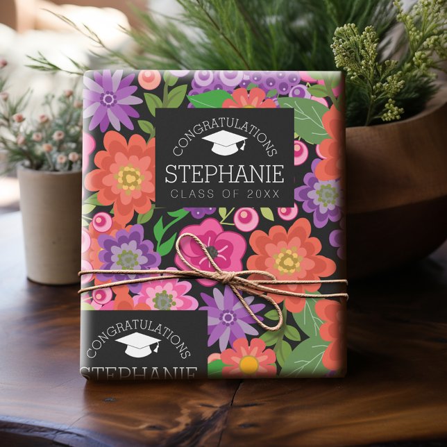 Congratulations Graduate Girly Flowers Graduation Wrapping Paper (Personalized Graduation Wrapping Paper)