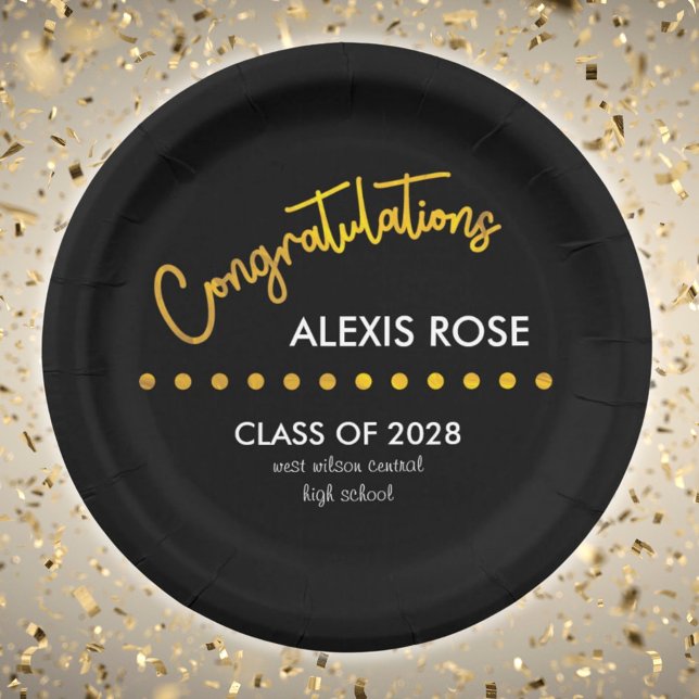 Congratulations Graduate Gold Script Black Paper Plate (Creator Uploaded)
