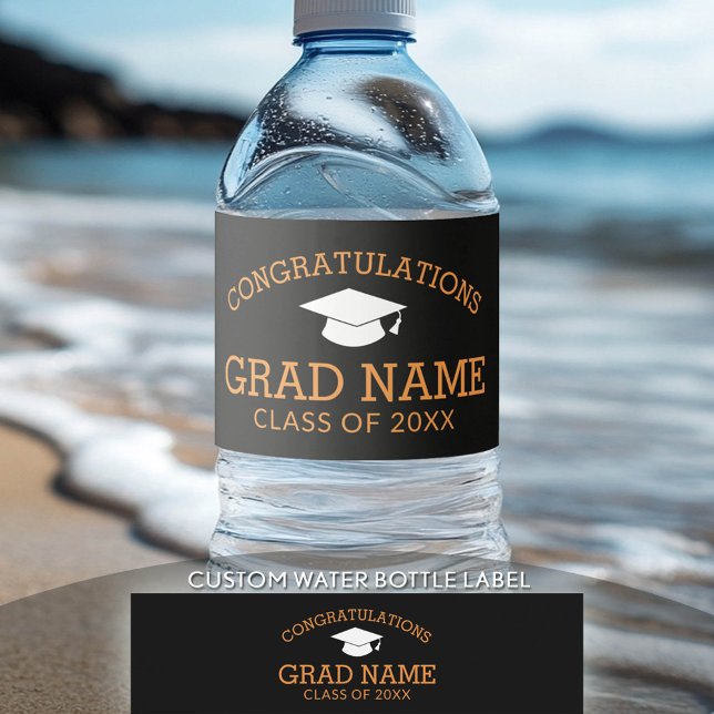 Congratulations Graduate Graduation Black Orange Water Bottle Label (Custom Graduation Water Bottle Label)