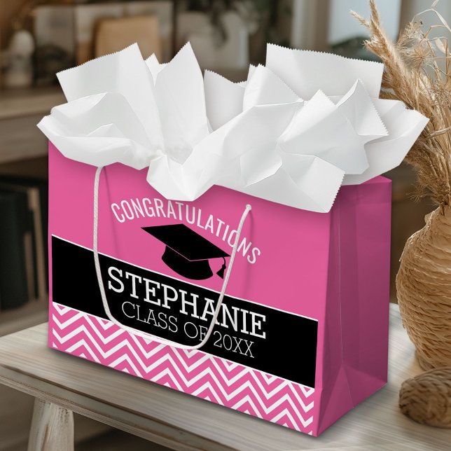 Congratulations Graduate Graduation Can Edit Pink Large Gift Bag (Custom Gift Bag)