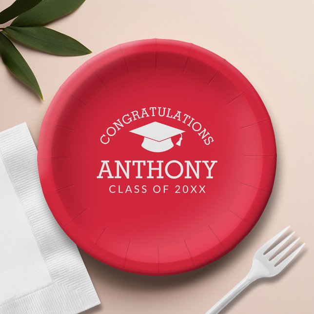 Congratulations Graduate Graduation Cap red white Paper Plate (Custom Paper Plate)