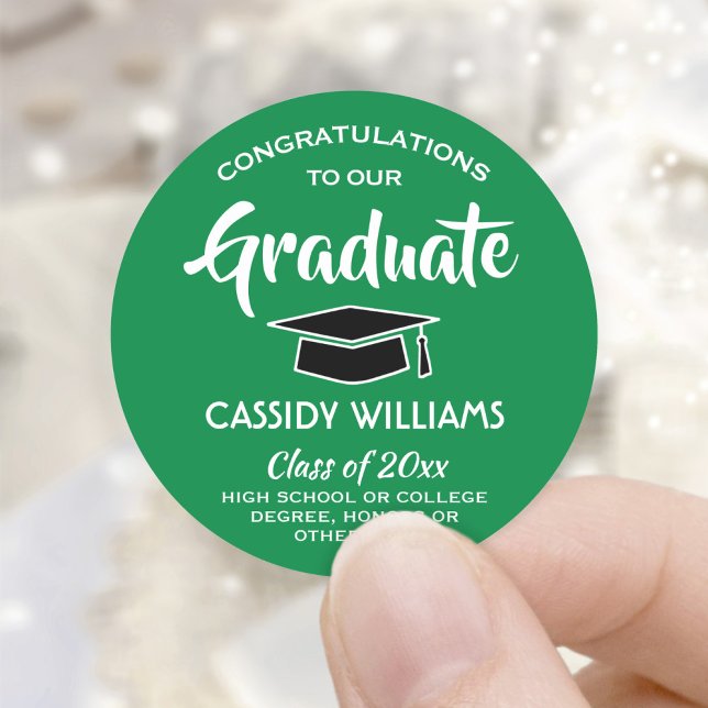Congratulations Graduate Green & White Graduation Classic Round Sticker (Creator Uploaded)
