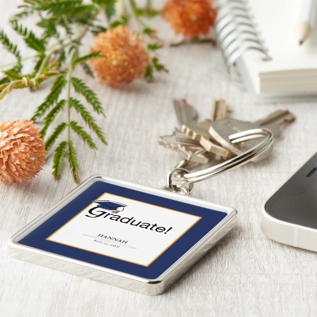 Congratulations Graduate, Hat, Tassel, Blue, Gold Key Ring (Side)