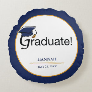 Congratulations Graduate, Hat, Tassel, Blue, Gold Round Cushion