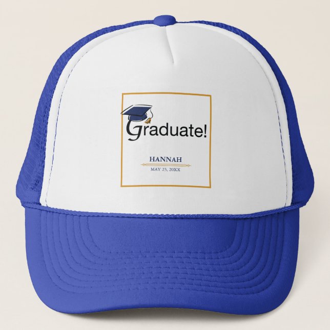 Congratulations Graduate, Hat, Tassel, Blue, Gold Trucker Hat (Front)