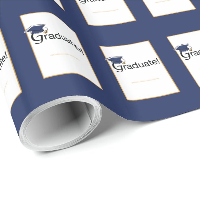 Congratulations Graduate, Hat, Tassel, Blue, Gold Wrapping Paper (Roll Corner)