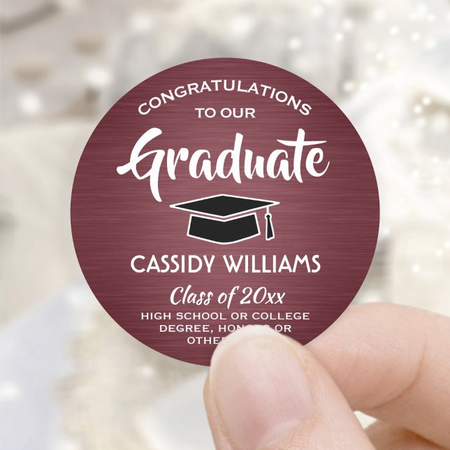 Congratulations Graduate Maroon & White Graduation Classic Round Sticker (Creator Uploaded)
