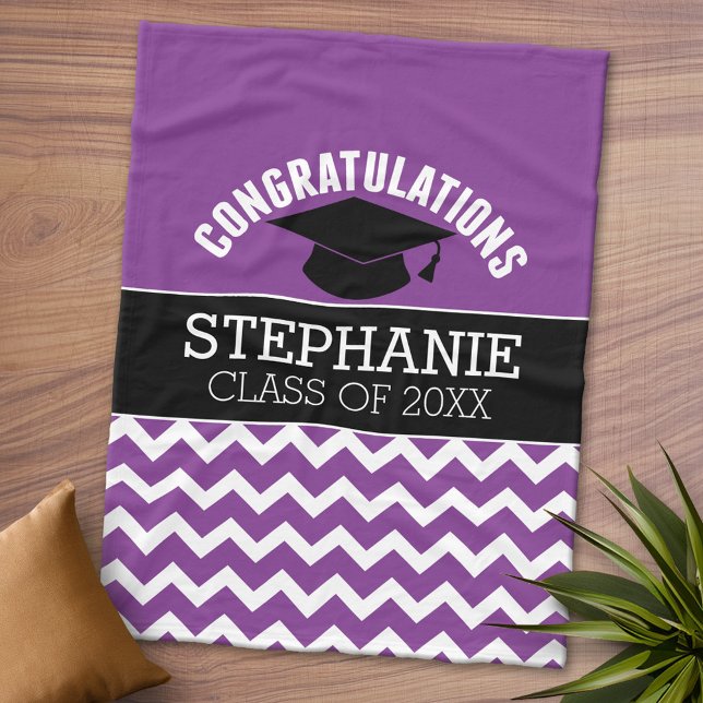 Congratulations Graduate - Purple Black Graduation Fleece Blanket (Personalized Fleece Blanket - Add Photos and Text or Customize completely in advanced design area)