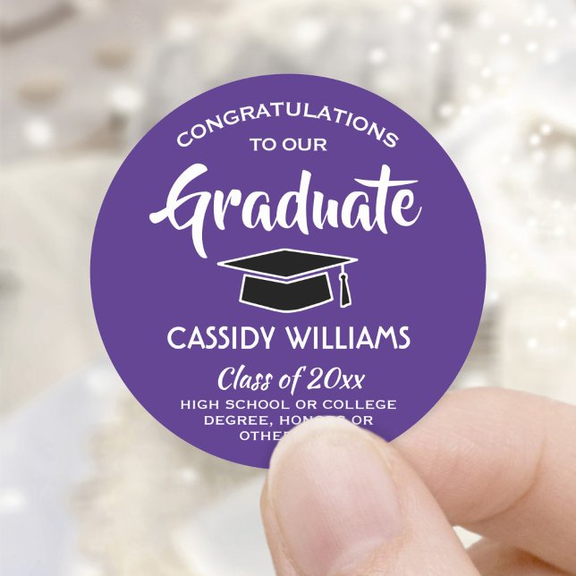 Congratulations Graduate Purple & White Graduation Classic Round Sticker (Creator Uploaded)