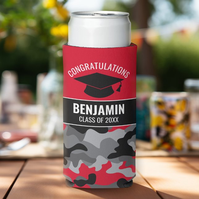 Congratulations Graduate Red Black Graduation Camo Seltzer Can Cooler (Graduation Party Personalized can coolers - add your photos and text)