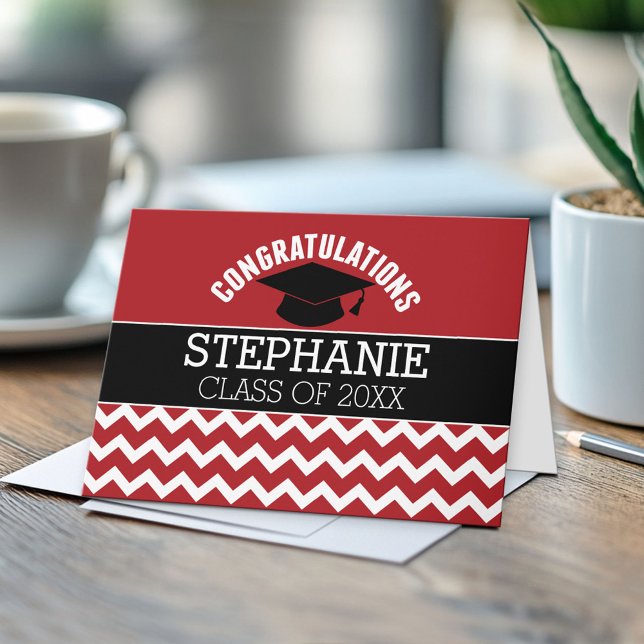 Congratulations Graduate - Red Black Graduation Card (Custom, Personalized Graduation Congratulations - Folded Greeting Card)