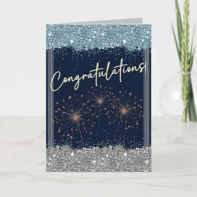 Congratulations Graduation Blue & Silver Sparkle Card (Front)