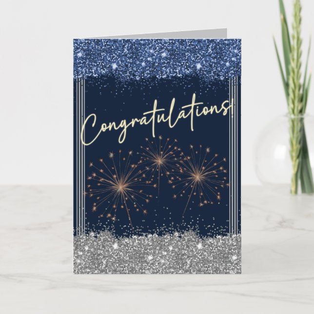 Congratulations Graduation Blue & Silver Sparkle Card (Front)