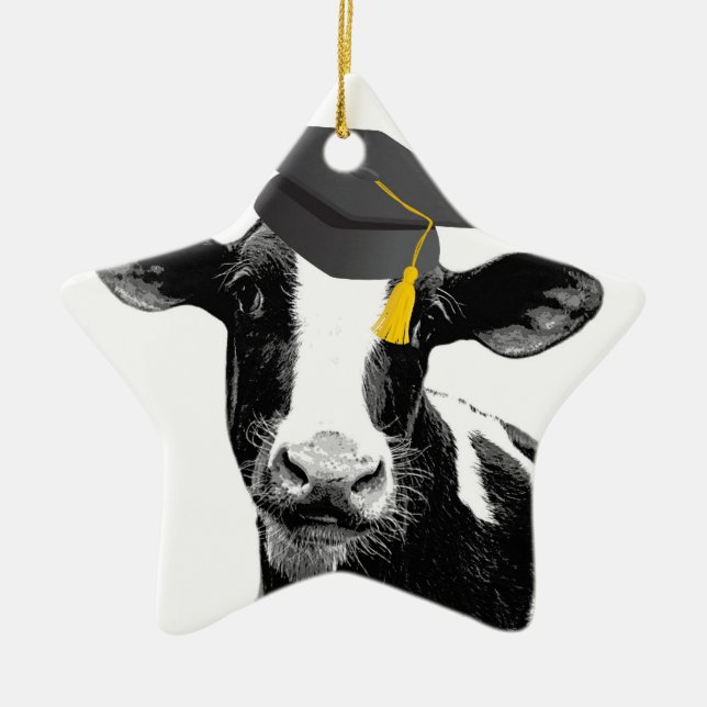Congratulations Graduation Funny Cow in Cap Ceramic Tree Decoration (Front)