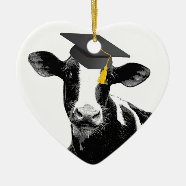Congratulations Graduation Funny Cow in Cap Ceramic Tree Decoration (Front)