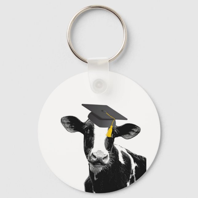 Congratulations Graduation Funny Cow in Cap Key Ring (Front)
