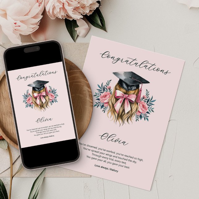 Congratulations Graduation Poem Feminine Grad Cap Card (Graduation Congratulations Card - order printed or digital download)