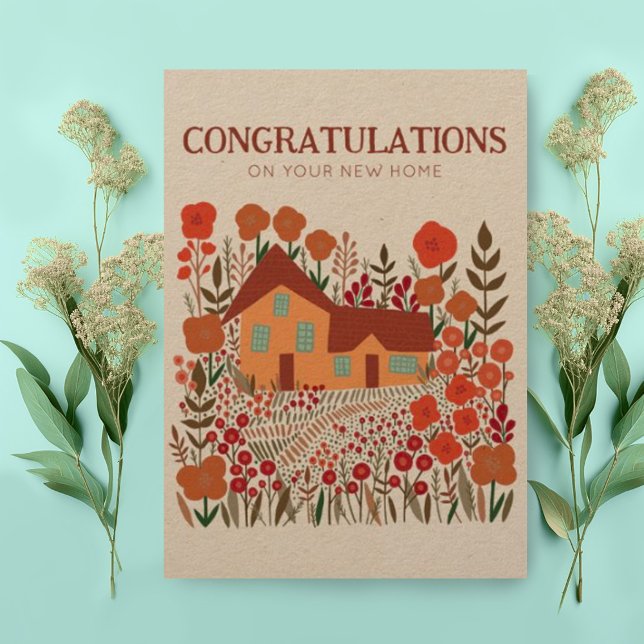 CONGRATULATIONS Housewarming Farmhouse Kraft  Card (Custom new home congratulations card with cute cottage and garden with flowers)