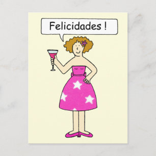 Congratulations in Spanish, lady on a cake. Postcard